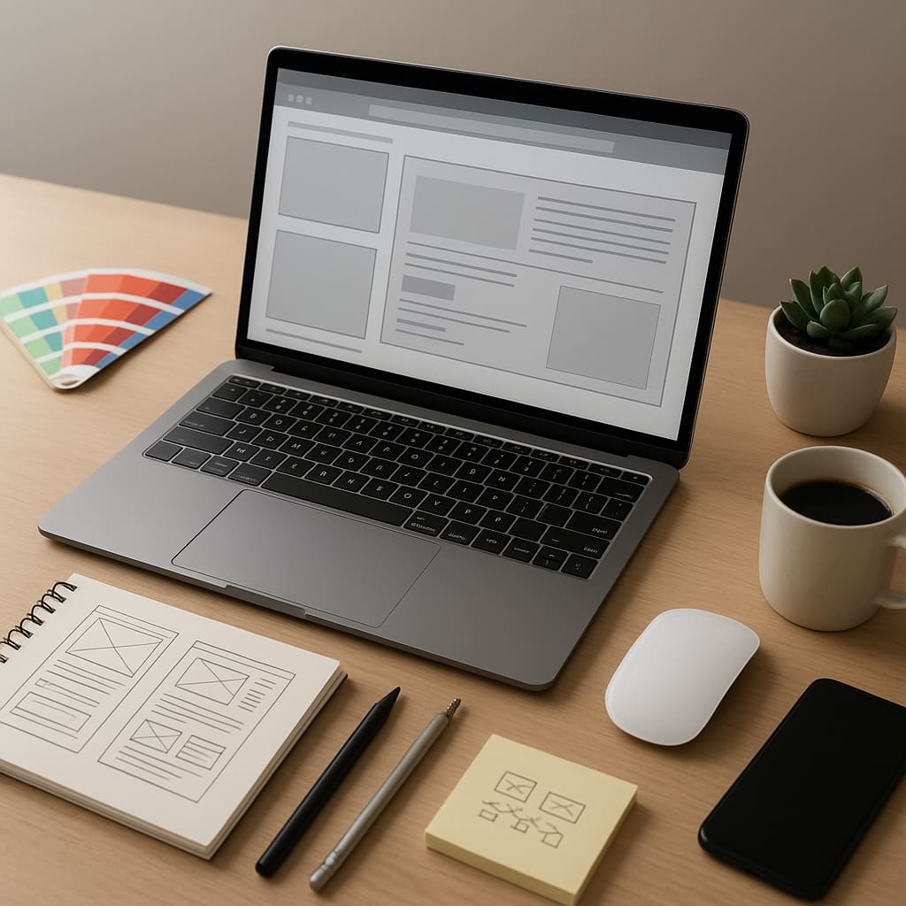 Pracovní stůl web design studia s návrhy